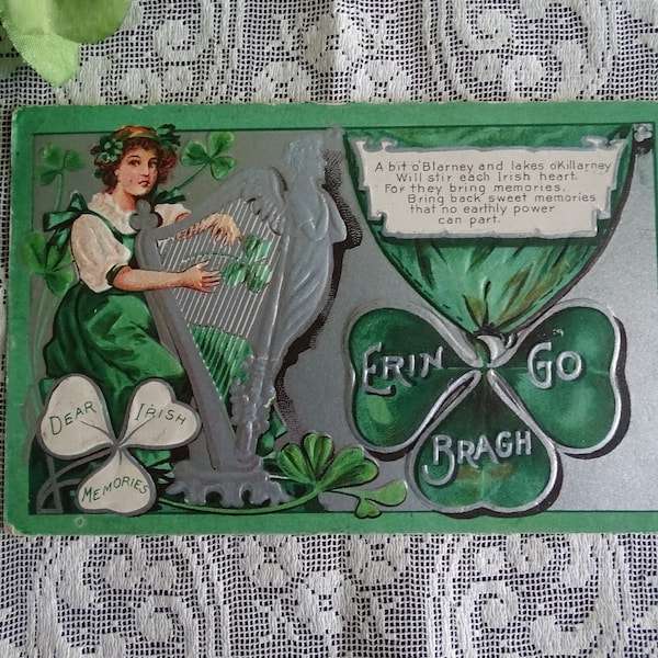 Antique Irish Memories Postcard, Erin Go Bragh Greeting, 1909 Postmark, Ireland Emblems, Blarney Killarney Poem, Shamrock Harp Irish Lass