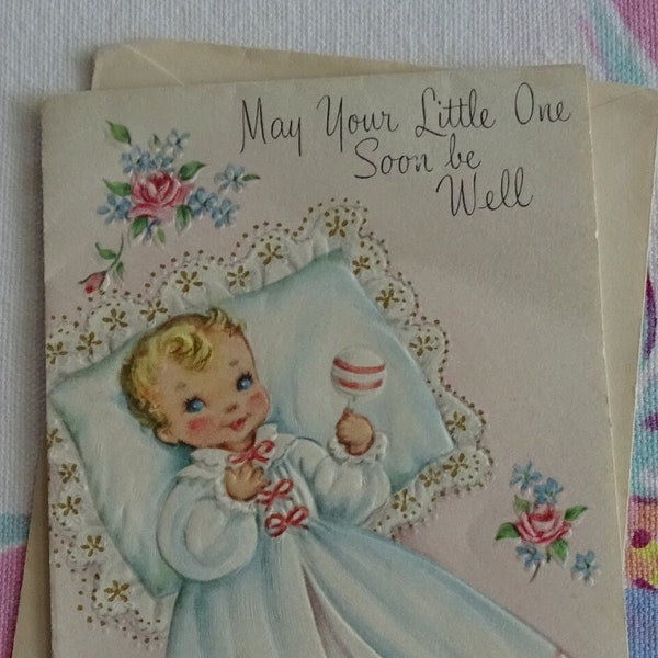 Vintage Baby Get Well Card, Unused Mid Century Greeting, Sick Baby Card, Unusual Opening, Envelope Included, 1950's Card for Parents