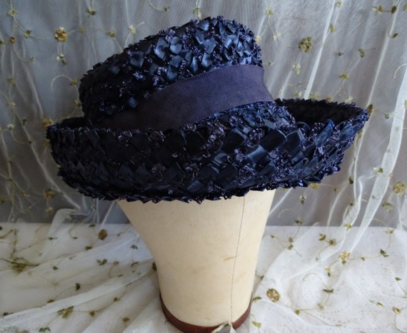 Vintage Ladies Black Straw Hat, 1960's Bern-Allen… - image 1