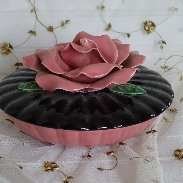 Large Vintage Trinket Box, Mauve Rose Flower Top, Pink & Black Ceramic, Mid Century Dresser Organizer, 1950s Jewelry Holder, Statement Piece