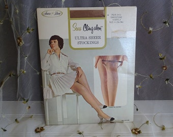 Vintage Cling-alon Stockings, 1960's Unused Nylons, Ultra Sheer, Sandstone Color, Shapely Fit, Sears Exclusive Cling-alon Nylon, Never Worn