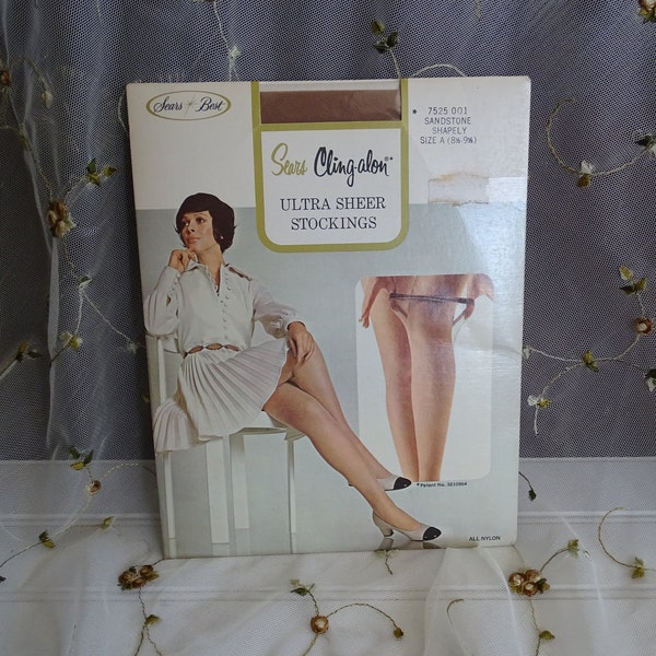 Vintage Cling-alon Stockings, 1960's Unused Nylons, Ultra Sheer, Sandstone Color, Shapely Fit, Sears Exclusive Cling-alon Nylon, Never Worn