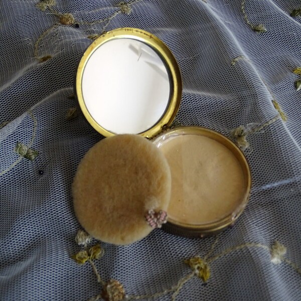 Vintage Houbigant Compact, 1950's Face Powder Container, Mid Century Cosmetics Case, Powder Mirror Puff in Metal Case, Art Deco Make Up