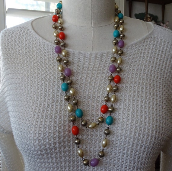 Extra Long Vintage Necklace, Chain & Colorful Beads, … Gem