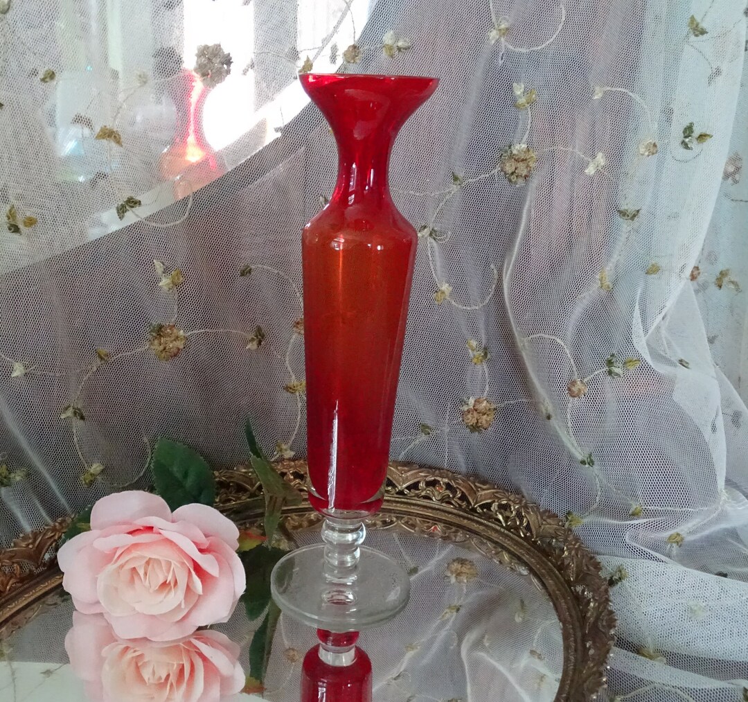 Vintage Red Glass Bud Vase Tall Slender Red Glass Vessel Etsy