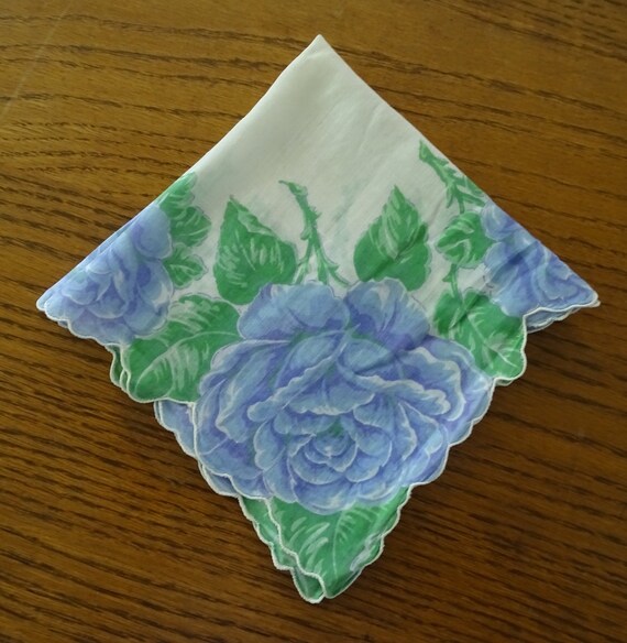 Vintage Roses Handkerchief, Blue & Lavender Roses,