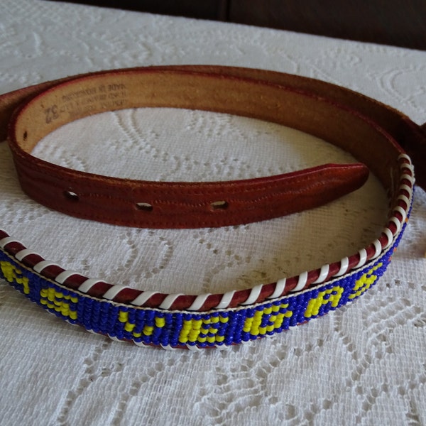 Vintage Beaded Leather Belt, Las Vegas Souvenir, Size 32 Embossed Cow Hide, 35" Long Ladies Belt, Colorful Hand Beaded Belt, Made Hong Kong
