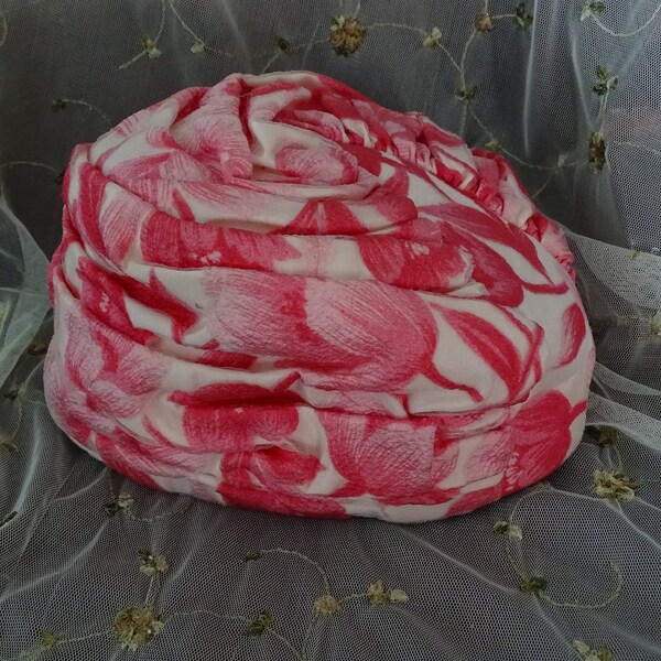 Vintage Pink Floral Hat, Ladies' Turban Style Hat, 1960's Fashion, Mid Century Woman's Hat, Gathered Cloth Chapeau