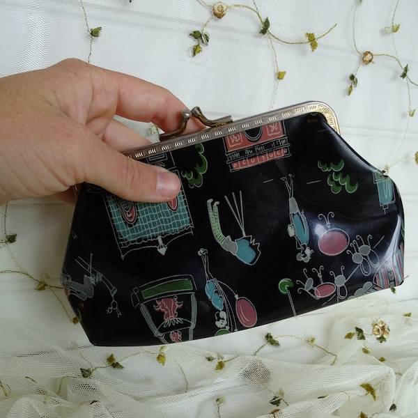 Vintage Vinyl Coin Purse, 1960's Make Up Bag, Purse Sized, French Inspired Design,  Black with Pink Blue Green, Small Cosmetics Bag