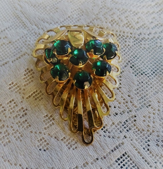 Antique Dress Clip, Art Deco Brooch, Emerald & Go… - image 5