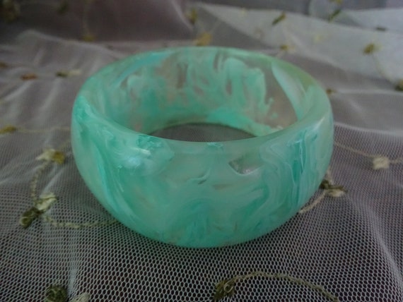 Vintage Aqua Lucite Bangle, Wide Marbled Bracelet… - image 2