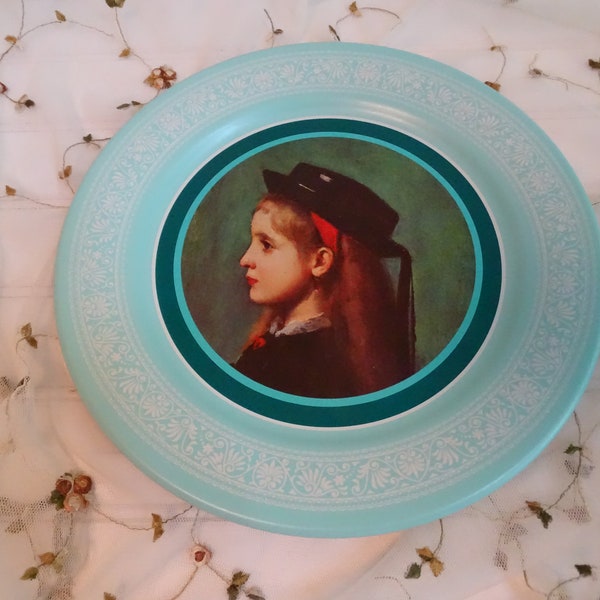 Vintage Metal Plate Picture, Young Girl in Hat, Aqua Blue Tray with Ornate Edging, 1974 Ohio Art Decor, Alsatian Girl by Jean-Jacques Henner