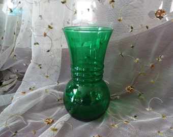 Vintage Green Glass Vase, Emerald Green Glass, 6 1/4" Bouquet Holder, 1960's Flower Shop Vase, Mid Century Ringed Design, Granny Chic Vase