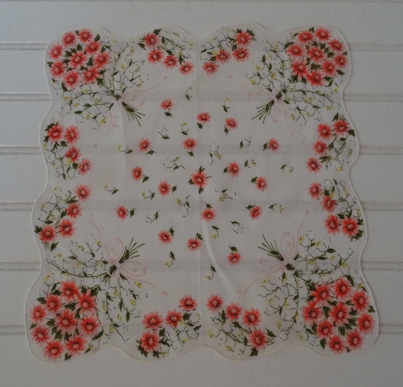 Vintage Coral Flowered Handkerchief, Lilies & Dai… - image 2