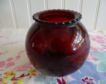 Vintage Ruby Red Glass Vase, Globe Style Floral Arranger, Small Red Glass Vase, Scalloped Edge, 3 1/2" Tall Bud Vase, Royal Ruby Ivy Vessel