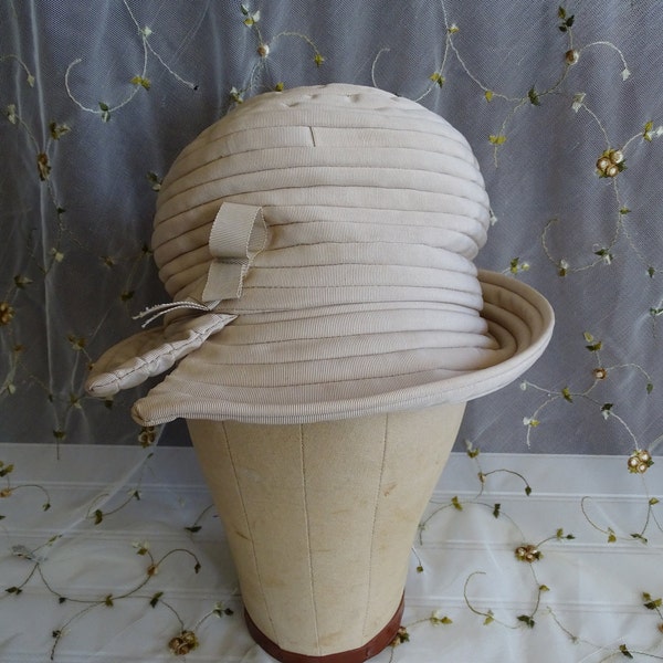 Vintage Ladies Hat, Mid Century Chapeau, Beresford Designer Hat, Beige Side Slit with Ribbon Accent, 1950's Fabric Millinery, Bucket Style