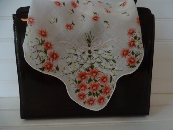 Vintage Coral Flowered Handkerchief, Lilies & Dai… - image 1