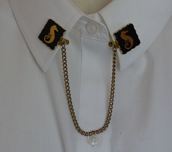 Vintage Seahorse Sweater Clip, Black & Gold Colla… - image 1