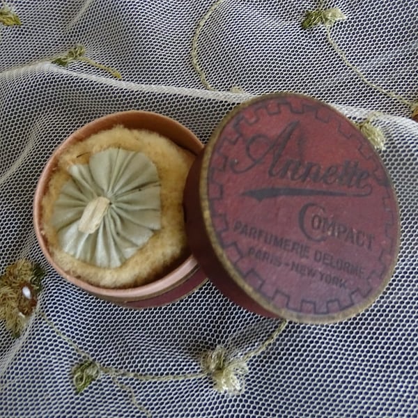 Antique Annette Face Powder Compact, RARE Early 1900's Parfumerie Delorme, Paper Cosmetic Container, Powder Puff Mirror & Powder Intact