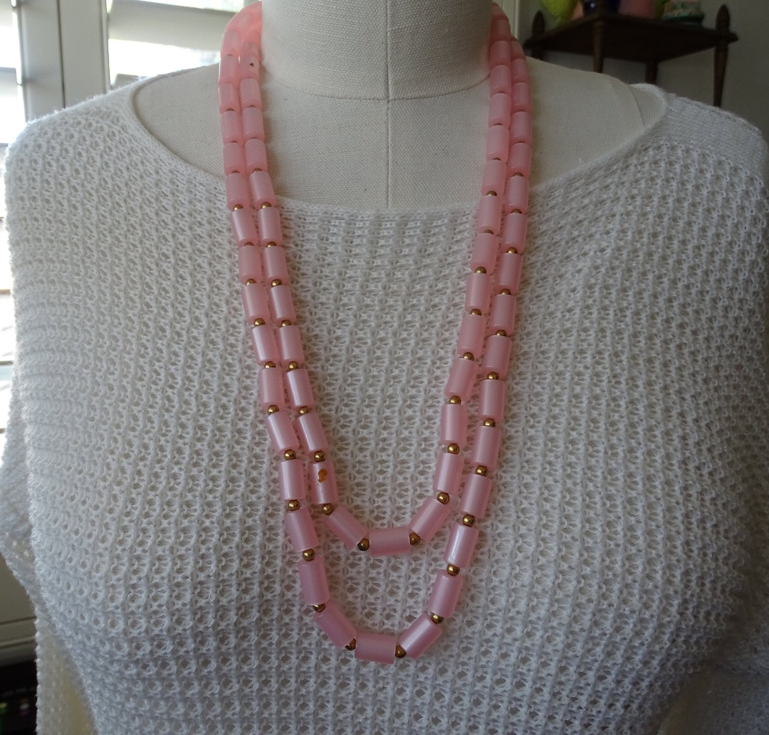Super Long Pink Necklace, 1960's Pearly Pink Swing Necklace, Pink