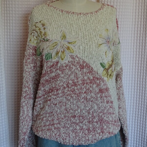 Vintage Ladies Sweater, 1980's Floral Applique Fashion, Pink & White Knit Pull Over, Woman Size Large, Pearl Bead Accents, Lilies and Roses