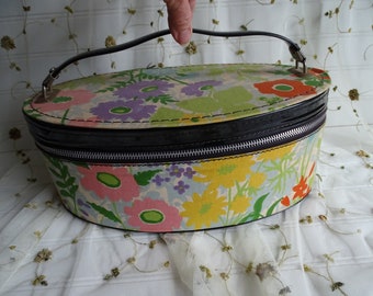 Groovy Flowered Vintage Handbag, Small Overnight Travel Case, 1960's Fun Tote, Floral Fabric with Black Vinyl, Oval Shape, Metal Zip Closure