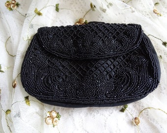 Antique Victorian Black Beaded Bag, Small Handheld Reticule, Hand Beaded Evening Bag, Little Mourning Purse, Edwardian Handbag Fashion