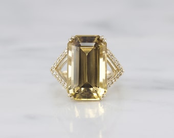 Citrine And Diamond Solitaire Cocktail Ring in 14k Yellow Gold with Prong Setting // ONE OF A KIND // Future Heirloom // U.S. Size 7