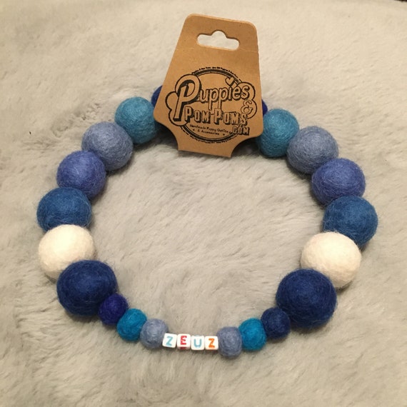 Personalised Pom Pom Dog Collar Blue Etsy
