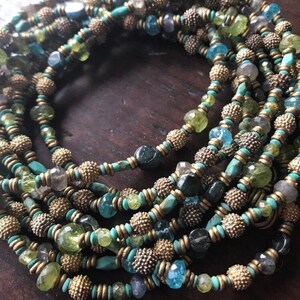 Long African brass & peridot gem mix necklace...