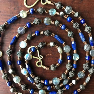 Rustic lapis,pyrite,labradorite, copper, & antique bumpy yoruba tribe necklace.