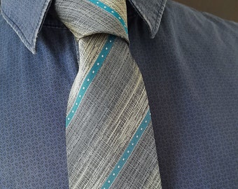 Chartreuse silver turquoise striped silk tie. Grabatologist novelty deco Necktie. Men&#39;s retro 60s 70s patterned 3.2&quot; multicolour tie cravat