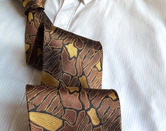 Alpi novelty silk woven tie. Vintage 70s 80s copper bronze gold abstract geometric Necktie cravat. Brocade tie gold-tone pin medal grunge