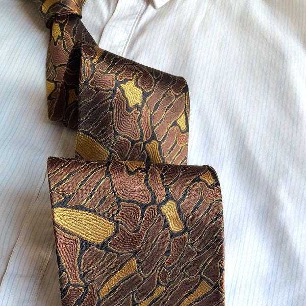 Alpi novelty silk woven tie. Vintage 70s 80s copper bronze gold abstract geometric Necktie cravat. Brocade tie gold-tone pin medal grunge