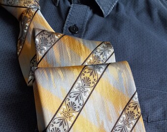 Nova Strada novelty striped silk tie. Art deco textured flashy tie. Brown ornate damask stripes on sky blue and sunset Men's Necktie cravat