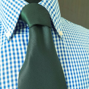 May include: A dark green silk tie with a classic knot, worn with a blue and white gingham button-down shirt.