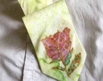 VINTAGE Hand Painted Silk NeckTie tie cravat HAND Work ~Rose~ Mindaro green floral men women unisex tie. Festival tie. Party Carnival tie