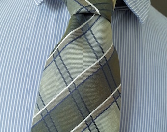 Atlas Design green plaid/striped silk tie. Large grid pattern geometric classic green Necktie. Tie in asparagus sage green blue and white