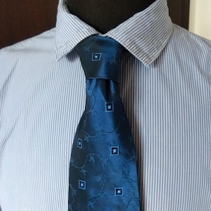 Atwardson navy blue geometric foulard Silk tie. Blue diamonds medallions NeckTie cravat. Vintage Blue Polka squares tie. 90s 00s Checked tie