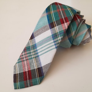 Zara white green red tartan plaid tie. Tartan checkered plaid skinny slim narrow tie NeckTie cravat. Mod quilt tartan narrow 1.96&quot; necktie