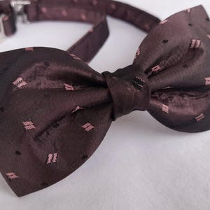 Può includere: Un papillon marrone con un motivo rosa. Il papillon è realizzato in materiale setoso.