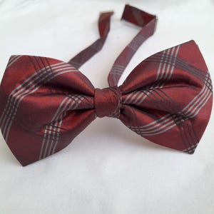 May include: A burgundy bow tie with a white and gray plaid pattern. The bow tie has a long adjustable strap.