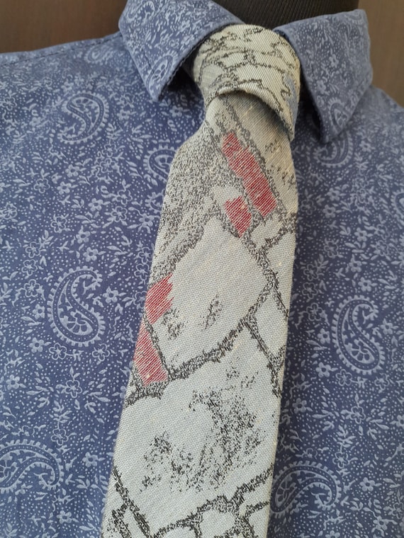 Vintage 80s cotton mix grey skinny novelty tie. Ch