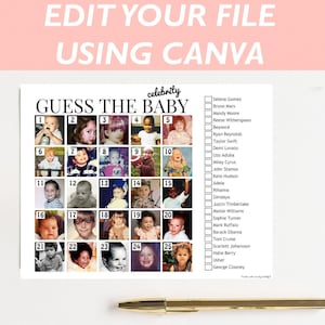 May include: A printable game with 25 black and white baby photos in a grid. The game is called "Guess the Baby" and includes a list of celebrities with their names next to a checkbox.