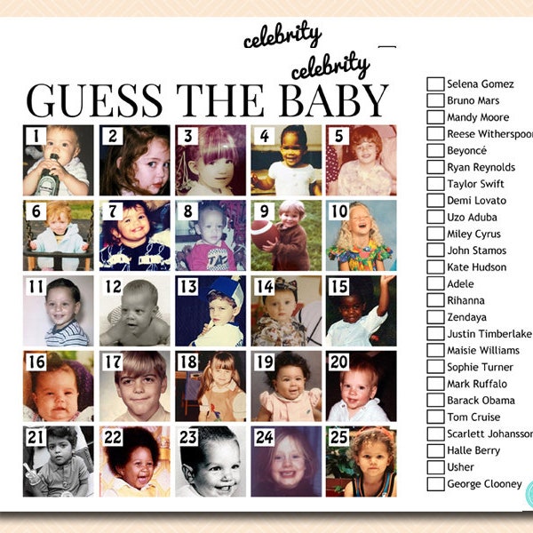 Raad de babyfoto's van beroemdheden, wie is die baby, raad de babyfoto van beroemdheden, afdrukbare babyshowerspellen, babyshowerspel TLC658 B