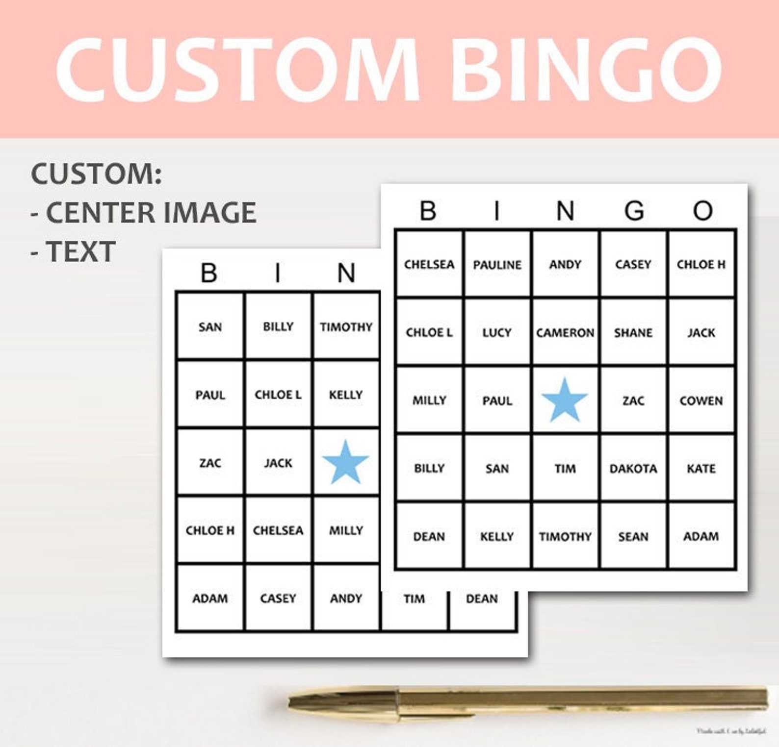 Custom Bingo Cards, Custom Center Image, Custom Birthday Bingo Game