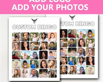 May include: A printable bingo card with the words "Custom Bingo" at the top. The card is filled with 25 squares, each containing a different photo of a person.
