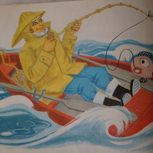 May include: A man in a yellow raincoat and a wide-brimmed hat sits in a red rowboat, fishing with a rod and line. The boat is on choppy blue water with whitecaps. A red fish with a white eye is on the line.