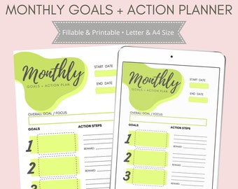 Monthly Goals + Action Planner - Printable PDF, Fillable, Print at Home  – US Letter & A4 Sizes