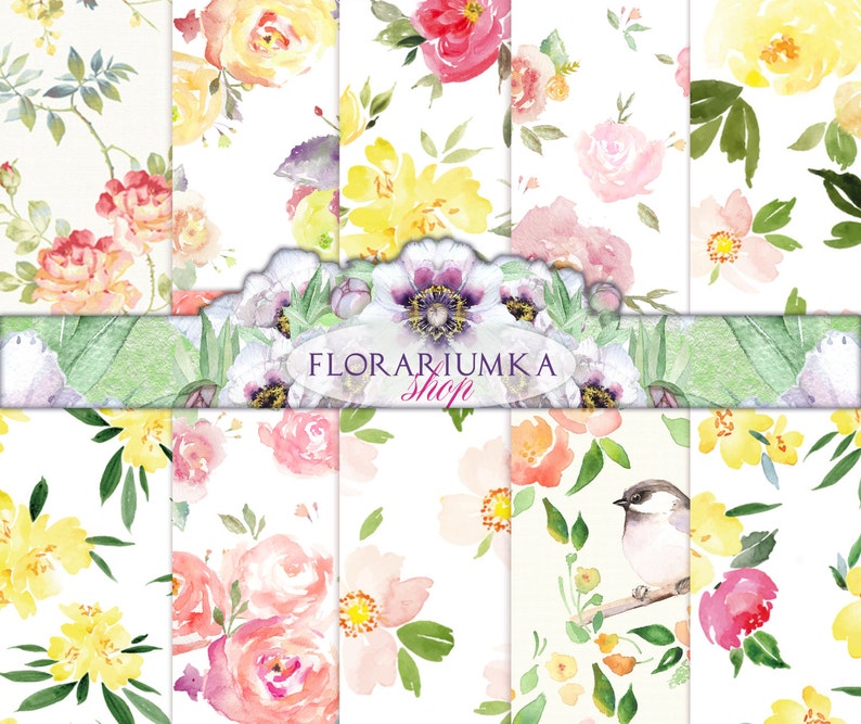 Watercolor Roses Digital Scrapbook Paper Watercolor Floral Etsy